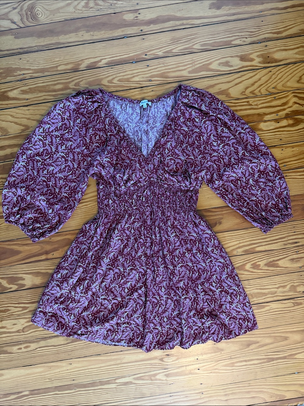 Madewell Smocked Y-Neck Mini Dress Burgundy & White Like New